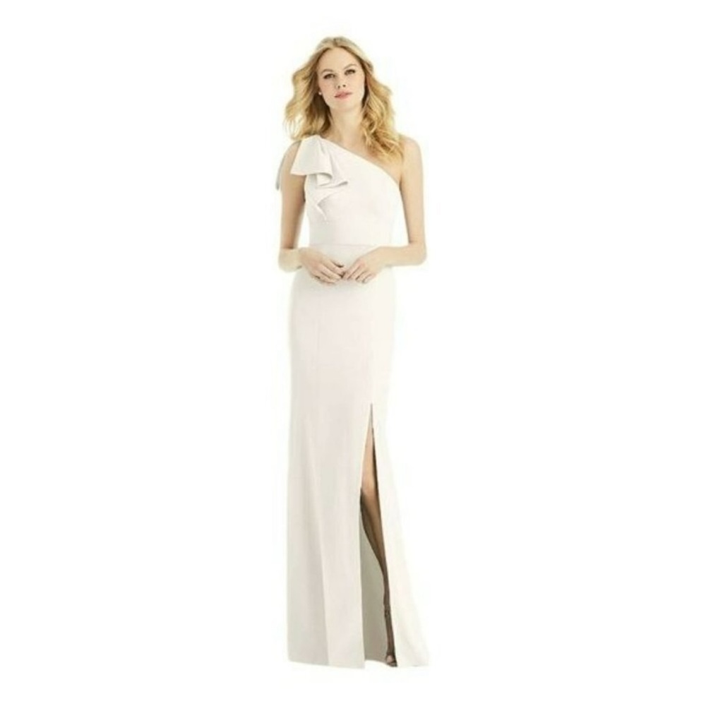 After Six Formal Dress Crepe Ivory Bow One Shoulder Slit Evening Maxi Gown Sz 2